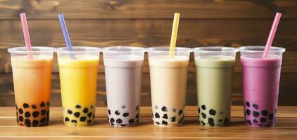 AI generated Plastic cups of different tasty bubble tea on wooden background. Generative AI photo