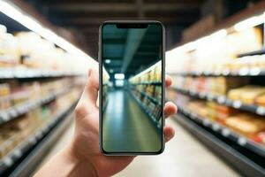 AI generated Smart shopping concept Mobile phone at supermarket shelves, blank screen photo