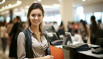 AI generated Smiling young women looking at camera indoors generated by AI photo