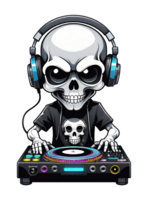 AI generated Skull DJ with headphones and turntable illustration on transparent background png