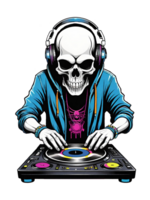 AI generated Skull DJ with headphones and turntable illustration on transparent background png