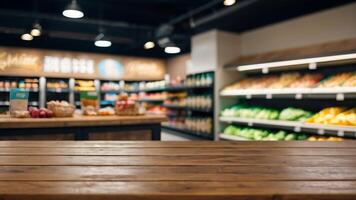 Empty wooden table with beautiful supermarket background, photorealistic photo