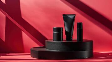 AI generated A sleek black cosmetic tube, jar, and bottle set on a circular pedestal against a vivid red backdrop with geometric shadows photo