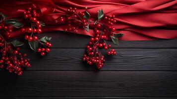 AI generated Christmas Ribbons and Holly Berries Arranged on a Red Background photo