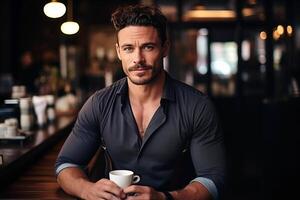 AI generated Male Barista with a Coffee Cup in a Cafe photo