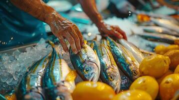 AI generated Fish market with hands selecting a fresh catch of the day. photo