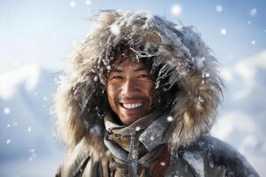 AI generated Smiling Asian Man in Eskimo Attire. Joyful Winter Moments photo