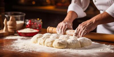 AI generated male hands kneading dough on wooden table in kitchen, closeup photo