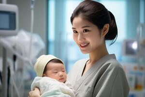 AI generated Asian woman and Newborn Generated image photo