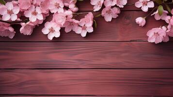 AI generated Pink Wooden Boards with Pink Flowers Background photo