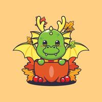 Cute dragon in a pumpkin at autumn season. Mascot cartoon vector illustration suitable for poster, brochure, web, mascot, sticker, logo and icon.