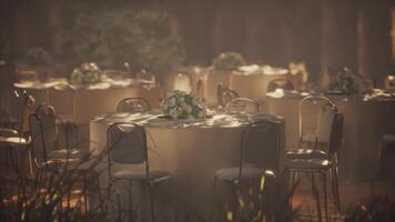 Empty restaurant with outdoor seating among trees video