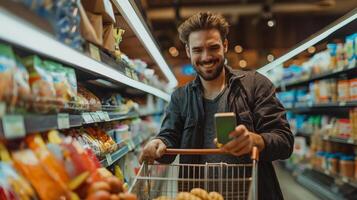 Joyful Man Shopping with Smartphone App in Supermarket Aisle photo