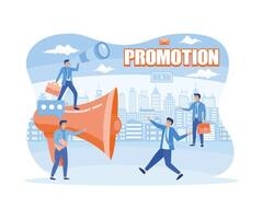 Promoters speak with big megaphones and attract buyers investors and entrepreneurs. Advertising, marketing, promotion concept. flat modern illustration vector