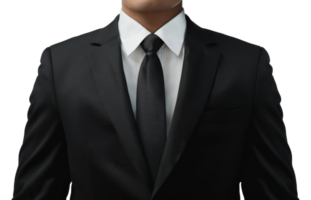 A man in a black suit and white shirt is wearing a black tie - stock .. png