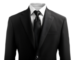 A man wearing a black suit and a white shirt with a black tie - stock .. png