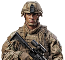 An American soldier in modern equipment and with a weapon in his hands. Isolated on transparent background png