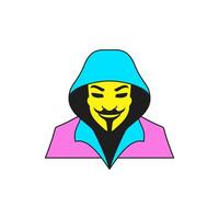 Y2k smiling man in hood Halloween creepy criminal cartoon character groovy style icon flat vector