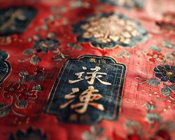 Close-up of a traditional Chinese New Year calligraphy on red paper. photo