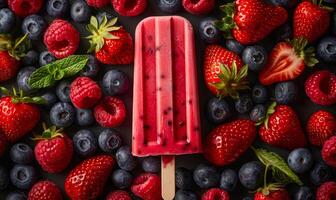 Red popsicle surrounded by fresh berries photo