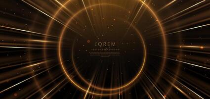 Abstract luxury golden circles lines overlapping on dark brown background with lighting effect and sprkle. vector