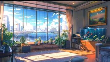 interior of the room with aquarium and beautiful view in the window. digital painting illustration with cartoon or anime style. video