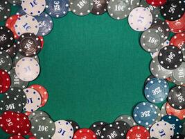 Chips for betting and poker games and gambling on the background of the green table in the casino photo