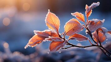 Frosty leaves in autumn frost covered tree branch on morning blurred background photo