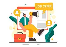 Job Offer Illustration featuring a Businessman, Recruitment Search, Career Start, and Company Vacancy in a Flat Style Cartoon Background vector