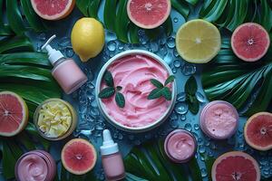 Refreshing Citrus-Themed Skincare Flat Lay - Design for Print, Card, Poster photo