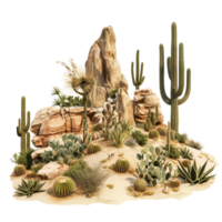 A barren African desert scene featuring tumbleweeds, various cactuses, and rocky outcrops isolated on a transparent background png