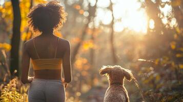 Back view of young african american woman in sportswear with her dog in autumn forest. photo