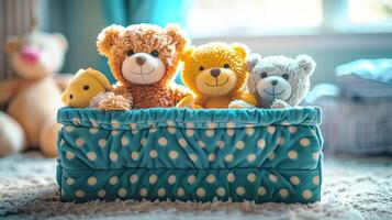 Blue polka dot basket filled with four stuffed animals, sitting on a carpet photo