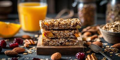 Stacked Granola Bars With Dried Fruit, Nuts, and Orange Juice on Rustic Wooden Surface photo