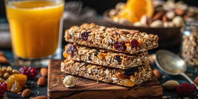 Stacked Granola Bars With Dried Fruit, Nuts, and Orange Juice on Rustic Wooden Surface photo