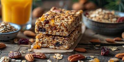 Stack of Homemade Oat Bars With Pecan and Dried Fruit on Wooden Table photo