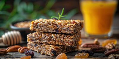 Stack of Homemade Oat Bars With Pecan and Dried Fruit on Wooden Table photo