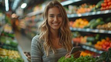 Young woman smiles using mobile phone in a grocery-filled shopping cart at the supermarket photo