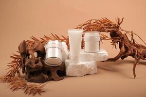 White Skincare Packaging on Rustic Natural Display photo