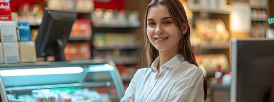 Friendly Cashier Assisting Customer at Checkout Counter in Retail Store photo