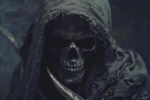 Grim reaper in shadows with scythe photo