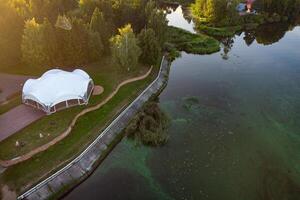 Aerial view, curves of river landscape. Sunrise. photo