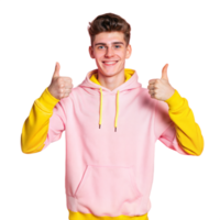 Young Man Wearing Pink and Yellow Hoodie Gives Thumbs Up png