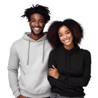 a couple in black and white sweatshirts standing together png