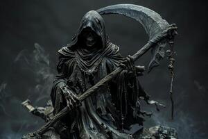 Grim reaper statue in misty darkness photo