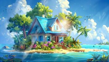 a house on the beach in the middle of the sea with beautiful clouds. digital painting illustration with cartoon or anime style. video