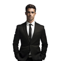 Elegant young handsome man in black suit on transparent background png