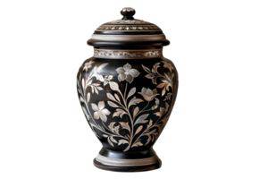 A vase with a floral design sits. The urn with ashes cut out png