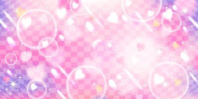 Y2k dreamy pink background. Mesh with blurry bokeh effect, stars, hearts and bubbles. vector