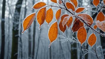 Beautiful colourful nature with bright orange leaves covered with frost in late autumn or early winter. photo